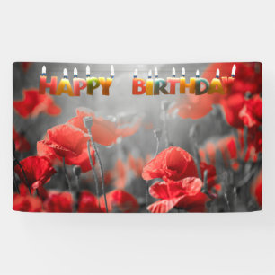 Red Poppy Flowers and Happy Birthday Candles   Banner