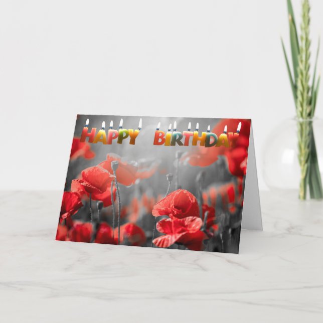 Red Poppy Flowers and Happy Birthday Candles   Card (Front)