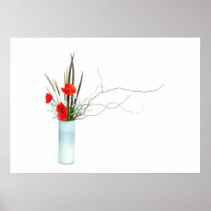 red poppy flowers arrangement ikebana poster
