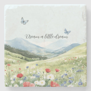 Red Poppy Flowers Blue Butterflies Stone Coaster