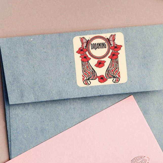 Red Poppy Flowers Butterfly Abstract Dreaming Square Sticker (Art Deco style flowers mosaics butterflies with text Deaming in red black circle on cream stickers.)