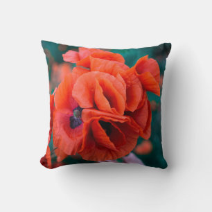 Red Poppy Flowers Colorful Floral Abstract Black Cushion