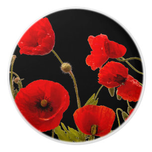 Red Poppy Flowers Colourful Floral Abstract Black Ceramic Knob