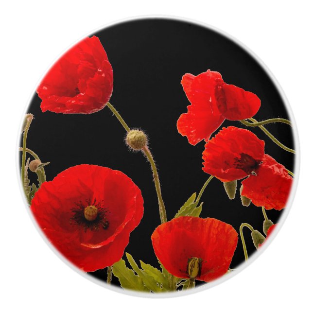 Red Poppy Flowers Colourful Floral Abstract Black Ceramic Knob (Front)