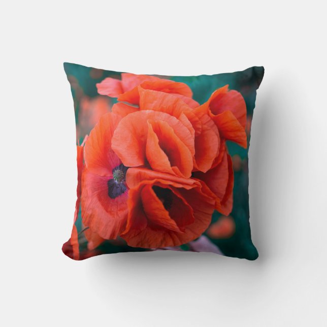 Red Poppy Flowers Colourful Floral Abstract Black Cushion (Front)