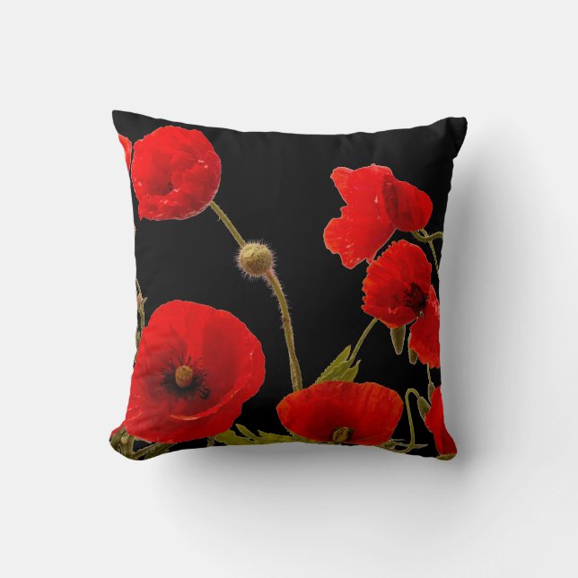 Red Poppy Flowers Colourful Floral Abstract Black Cushion (Front)