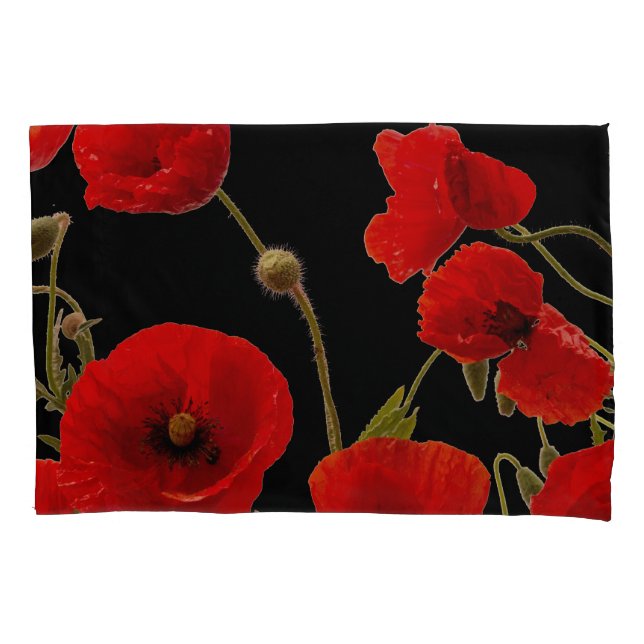 Red Poppy Flowers Colourful Floral Abstract Black  Pillowcase (Front)