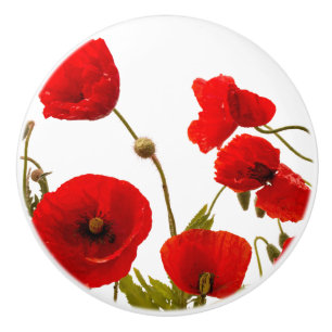 Red Poppy Flowers Colourful Floral Abstract White Ceramic Knob