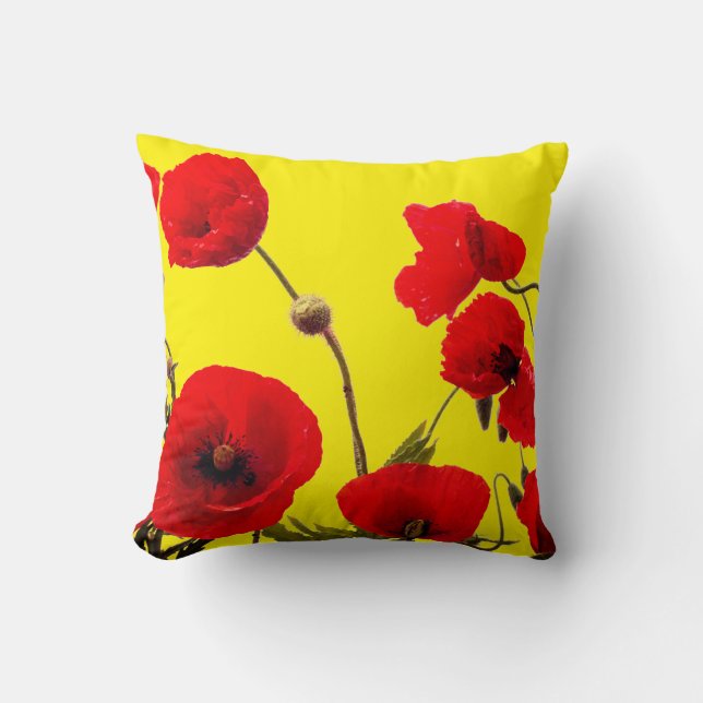 Red Poppy Flowers Colourful Floral Abstract Yellow Cushion (Front)