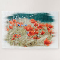 Red Poppy Flowers Corn Field w/ Hello Summer Text