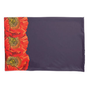 Red Poppy Flowers Edge & Dark Navy Pillowcase