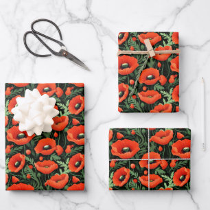 Red Poppy Flowers Floral Greenery Birthday Bridal  Wrapping Paper Sheet