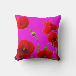 Red Poppy Flowers Floral Hot Pink Cute Chic Girly Cushion