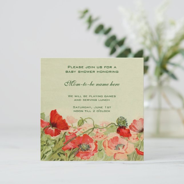 Red Poppy Flowers Floral Meadow Baby Shower Invitation (Standing Front)