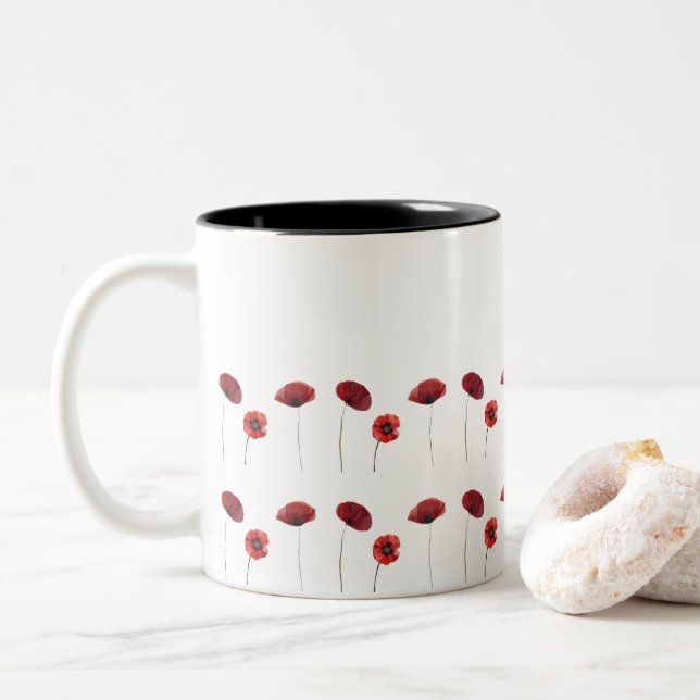 Red Poppy Flowers Floral Patterns Two-Tone Coffee Mug (With Donut)