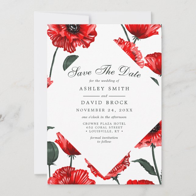 Red Poppy Flowers Floral Save The Date Card (Front)