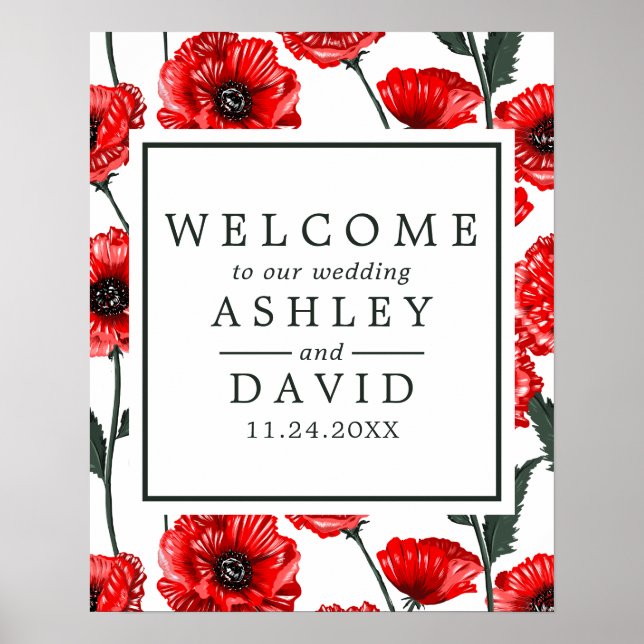 Red Poppy Flowers Floral Wedding Welcome Sign (Front)
