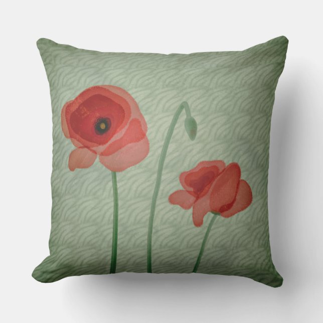 Red Poppy Flowers Green Filigree Abstract Cushion (Front)
