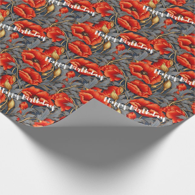 Red Poppy Flowers Happy Birthday Wrapping Paper (Corner)
