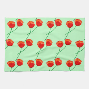 Red Poppy Flowers Heart Pale Green Tea Towel