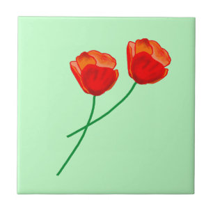 Red Poppy Flowers Heart Pale Green Tile