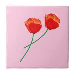 Red Poppy Flowers Heart Pastel Pink Tile