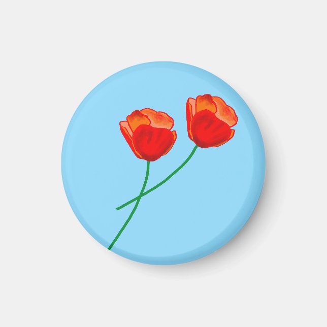 Red Poppy Flowers Heart Sky Blue Magnet (Front)