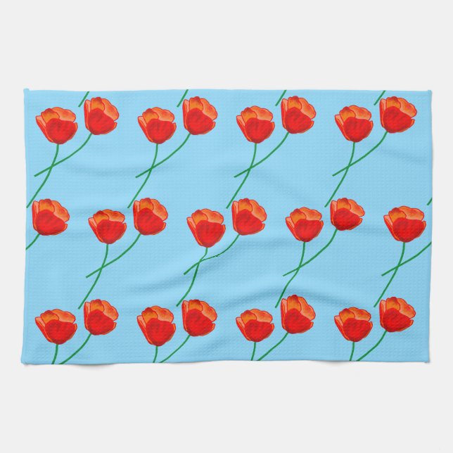 Red Poppy Flowers Heart Sky Blue Tea Towel (Horizontal)