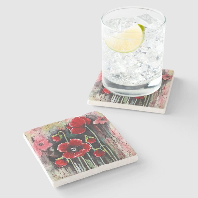 Red Poppy Flowers In Watercolor  Stone Coaster (Side)