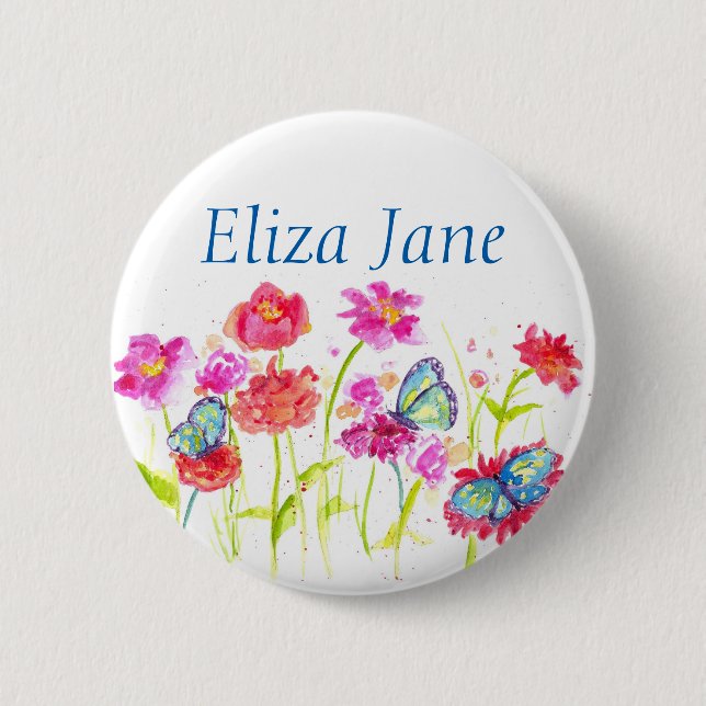 Red Poppy Flowers Name Tag Button Pin Butterflies (Front)