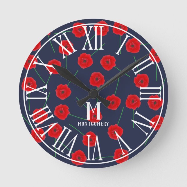 Red Poppy Flowers & Navy Blue | Family Monogram Round Clock (Front)
