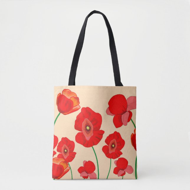 Red Poppy Flowers on Beige Background Illustration Tote Bag (Front)