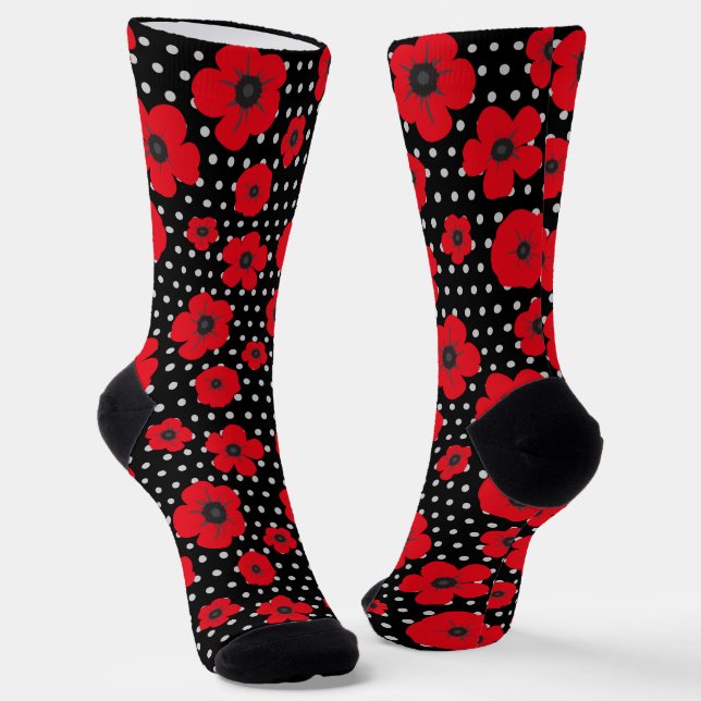 Red Poppy Flowers on Black and White Spots Socks (Angled)