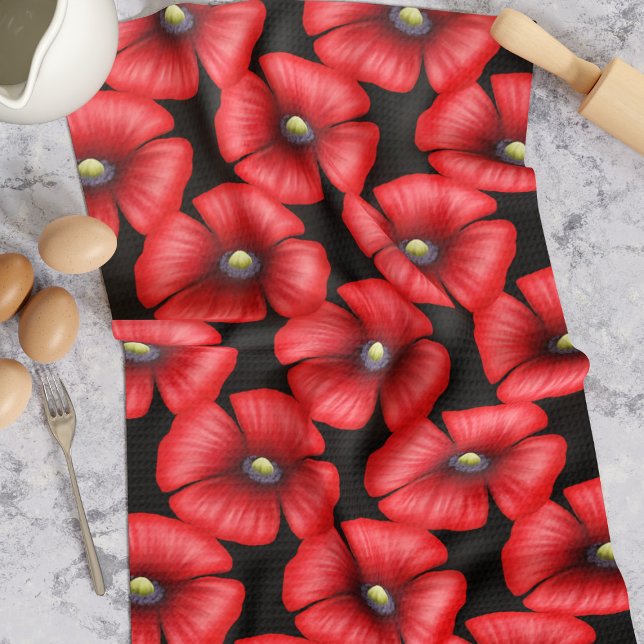 Red Poppy Flowers on Black Kitchen Towel (Pop a poppy kitchen towel in your kitchen for a lovely pop of color. Makes a great housewarming gift)