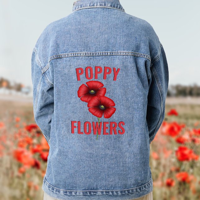 Red Poppy Flowers Personalised Denim Jacket (Pretty poppy denim jacket with space for your name)