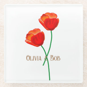 Red Poppy Flowers Personalised Glass Coaster