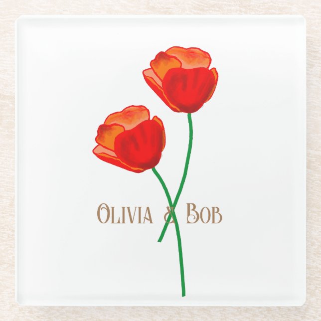 Red Poppy Flowers Personalised Glass Coaster (Front)