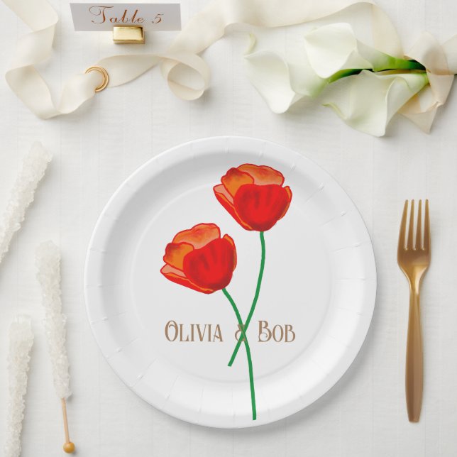 Red Poppy Flowers Personalised Paper Plate (Wedding)
