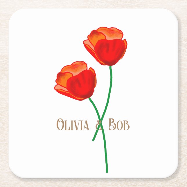 Red Poppy Flowers Personalised Square Paper Coaster (Front)