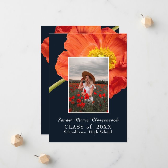 Red Poppy Flowers Photo Frame Modern Graduation  Announcement (Front/Back In Situ)
