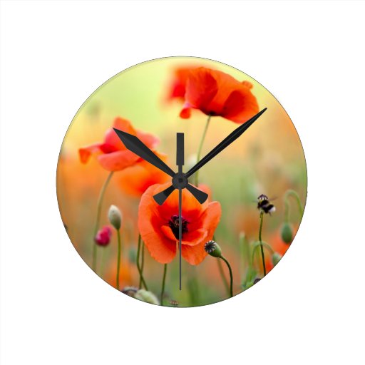 Image of Red Poppy Flowers Round Clock