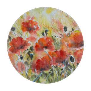 Red poppy flowers, soft watercolor. cutting board