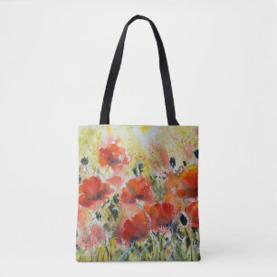 Red poppy flowers, soft watercolor. tote bag
