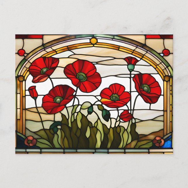Red Poppy Flowers Stained Glass  Postcard (Front)