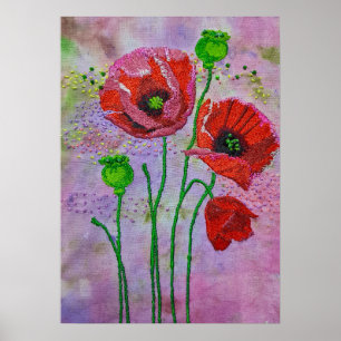 Red Poppy Flowers Textile Art Print   Colorful 