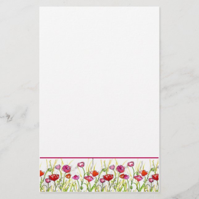 Red Poppy Flowers Watercolor Flowers Stationery (Front)