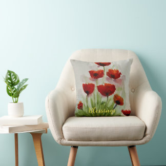 Red Poppy Flowers Watercolor Modern Minimalist Cushion