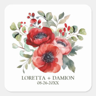 Red Poppy Flowers Wedding Square Sticker