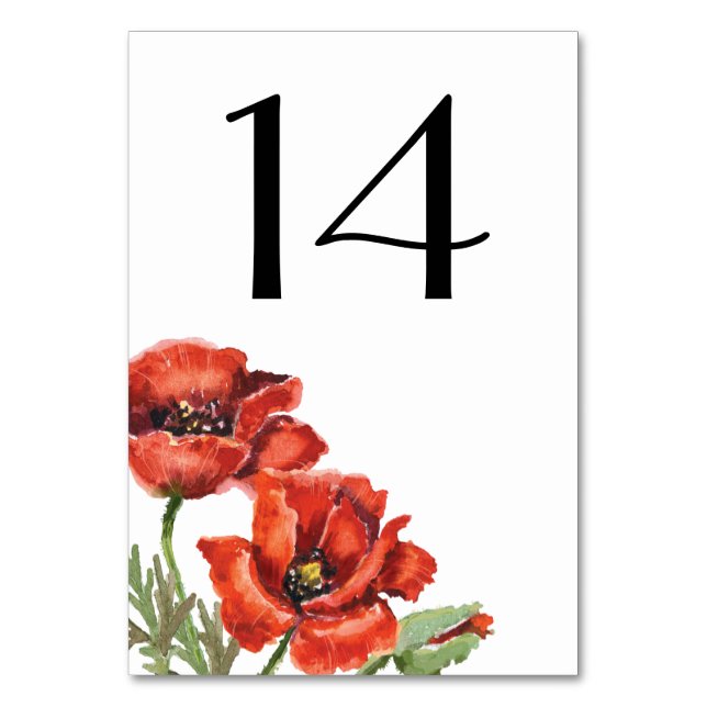 Red Poppy Flowers Wedding Table Number (Front)