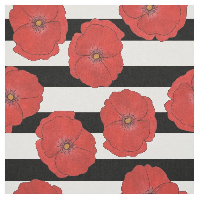 Red Poppy Flowers with Black and White Stripes Fabric (Swatch)